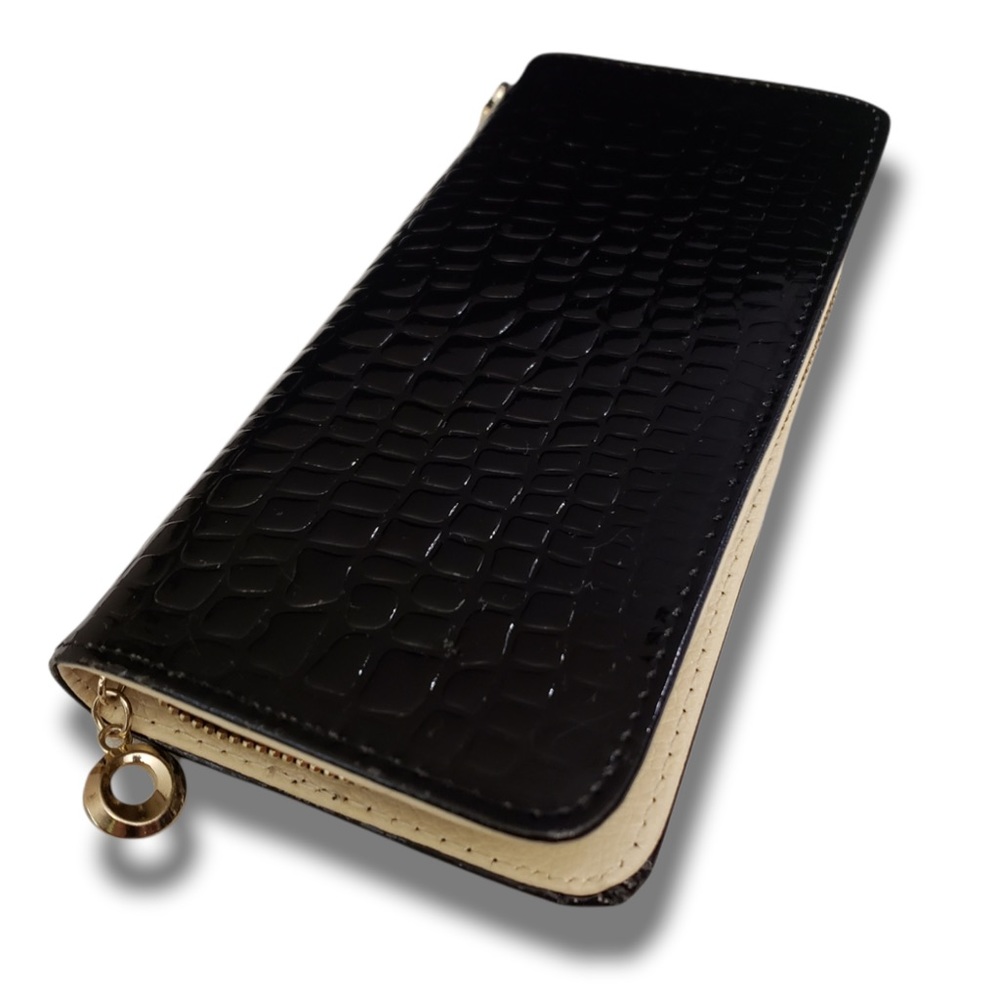 Faux Embossed Black Patent Leather Zip Around Wallet